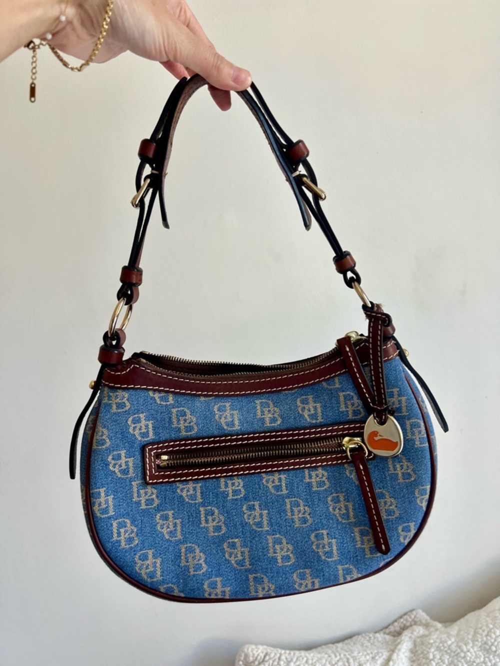 Vintage Dooney & Bourke Blue Denim Logo Hobo Bag with Brown Trim